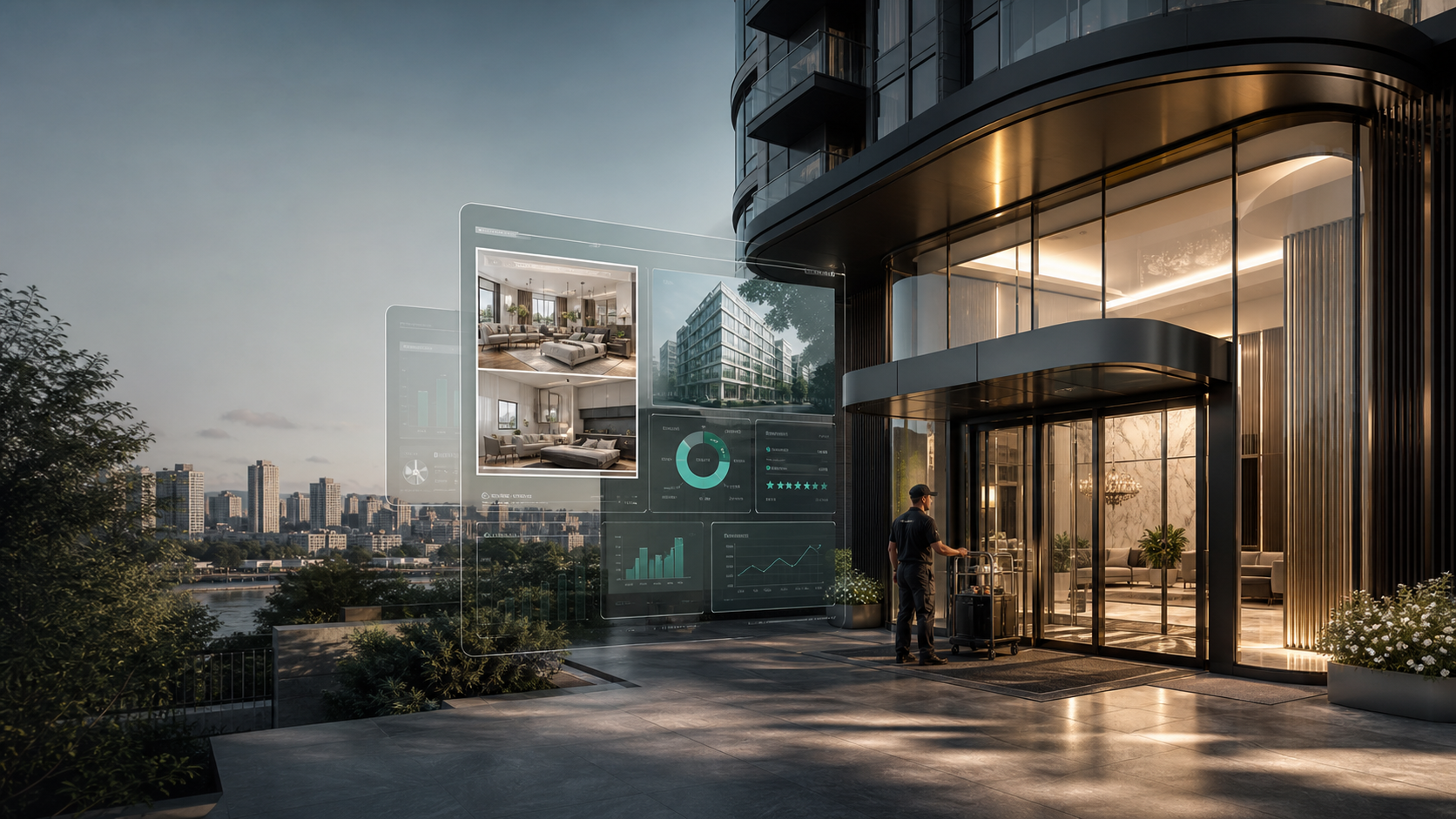 Modern managed apartment building with leasing and operations dashboard visuals