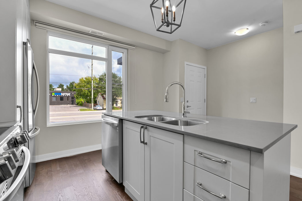 Double kitchen sinks with modern faucet in a 2-bedroom Kanata townhouse.